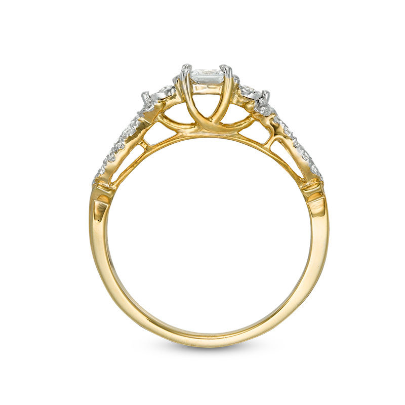 Main Image 5 of 0.37 CT. T.W. Princess-Cut Diamond Three Stone Crossover Shank Engagement Ring in 10K Gold