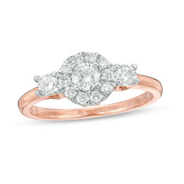 0.69 CT. T.W. Diamond Three Stone Frame Engagement Ring in 10K Rose Gold