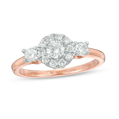 0.69 CT. T.W. Diamond Three Stone Frame Engagement Ring in 10K Rose Gold