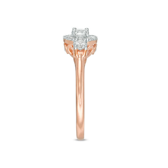 0.69 CT. T.W. Diamond Three Stone Frame Engagement Ring in 10K Rose Gold