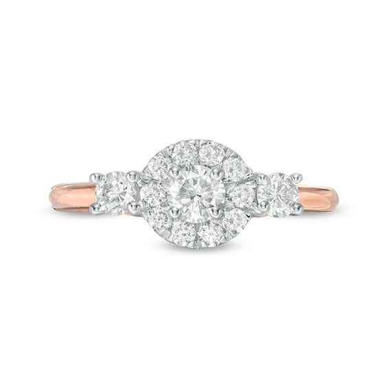 0.69 CT. T.W. Diamond Three Stone Frame Engagement Ring in 10K Rose Gold