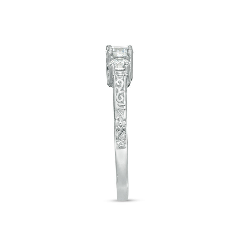 0.45 CT. T.W. Diamond Three Stone Filigree Scroll Engagement Ring in 10K White Gold|Peoples Jewellers