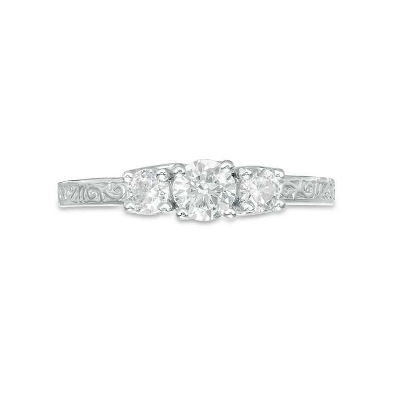 0.45 CT. T.W. Diamond Three Stone Filigree Scroll Engagement Ring in 10K White Gold