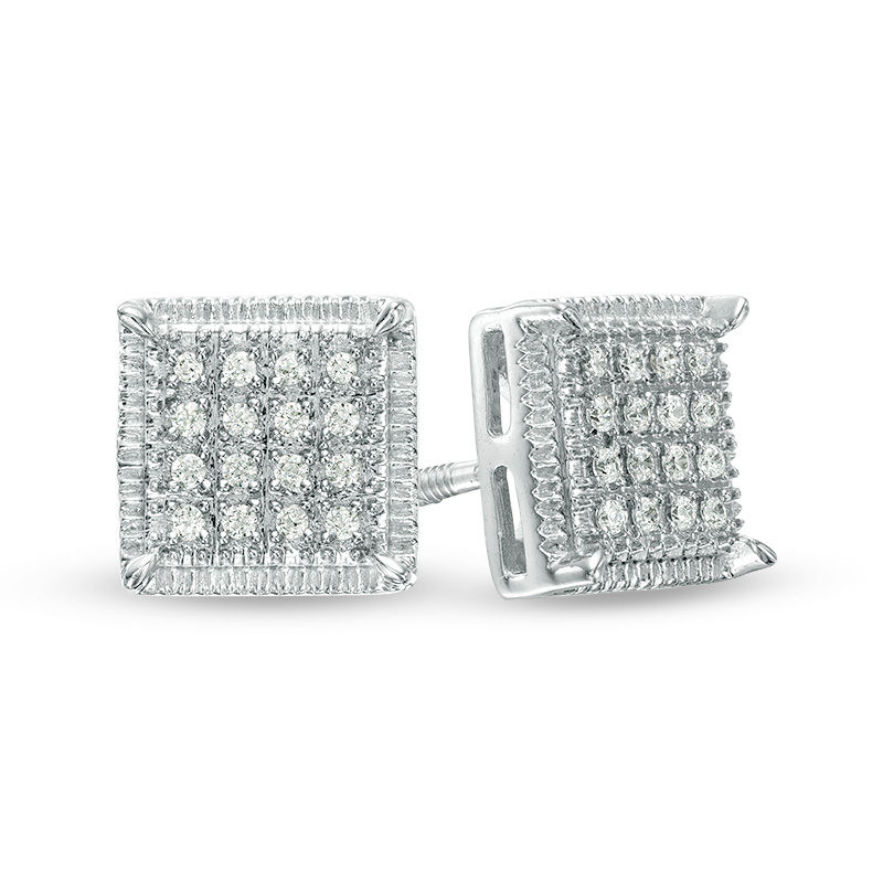 Men's 0.115 CT. T.W. Square-Shaped Multi-Diamond Textured Frame Stud Earrings in Sterling Silver|Peoples Jewellers