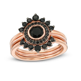 5.0mm Onyx Shadow Frame Three Ring Bridal Set in Sterling Silver with 14K Rose Gold Plate