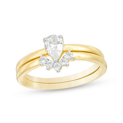 Pear-Shaped Lab-Created White Sapphire Halo Bridal Set in Sterling Silver with 14K Gold Plate