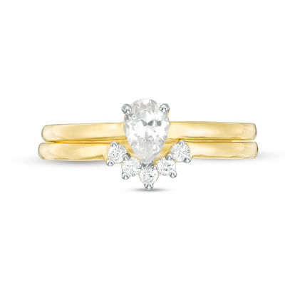 Pear-Shaped Lab-Created White Sapphire Halo Bridal Set in Sterling Silver with 14K Gold Plate