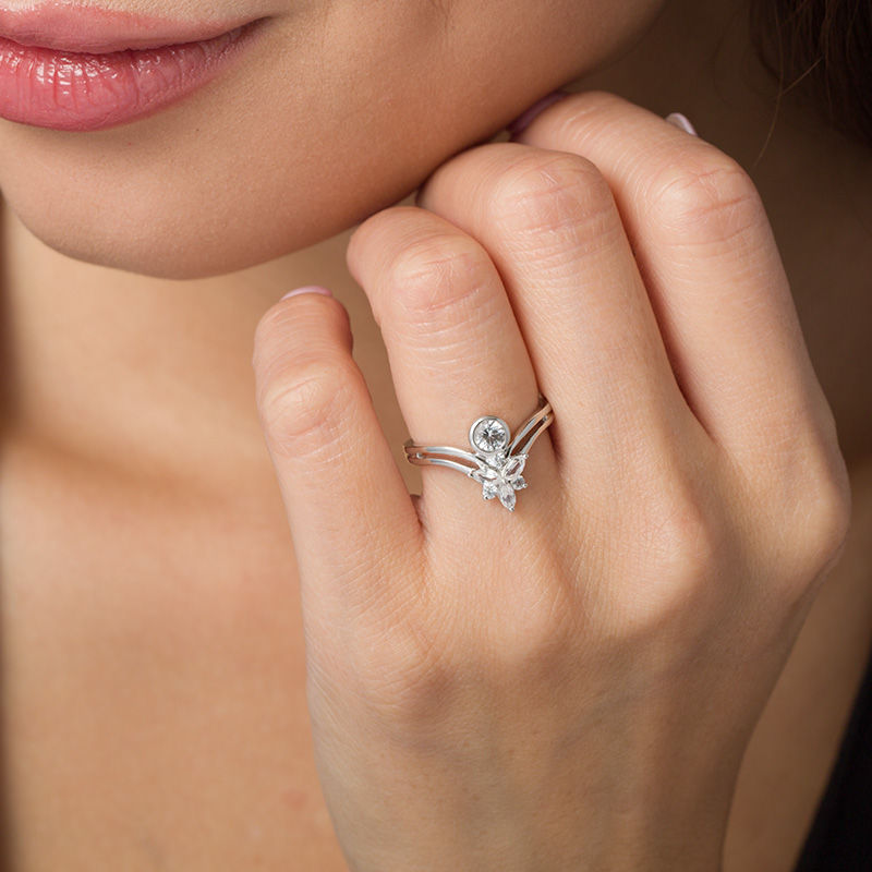 Multi-Shaped Lab-Created White Sapphire "V" Split Shank Ring in Sterling Silver|Peoples Jewellers