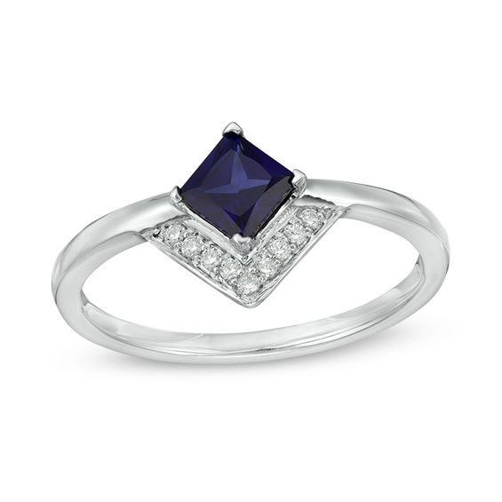 5.0mm Princess-Cut Lab-Created Blue Sapphire and 0.041 CT. T.W. Diamond Chevron Ring in Sterling Silver