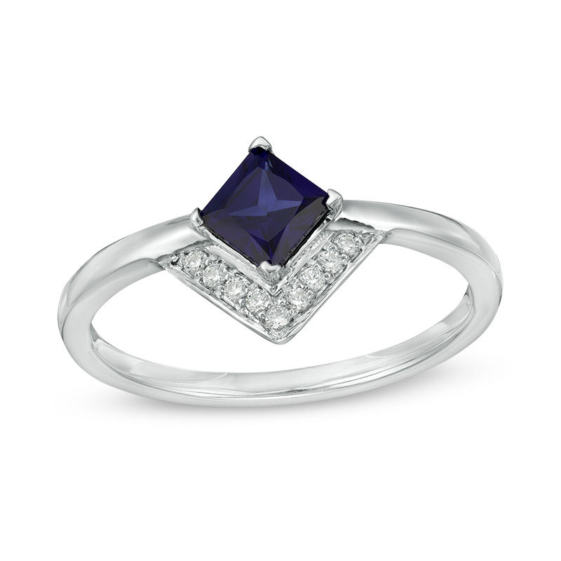 5.0mm Princess-Cut Lab-Created Blue Sapphire and 0.041 CT. T.W. Diamond Chevron Ring in Sterling Silver|Peoples Jewellers