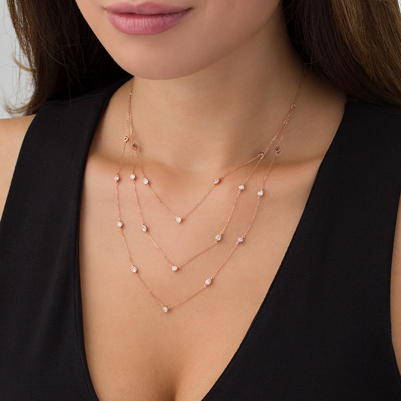 0.60 CT. T.W. Diamond Layered Station Necklace in 10K Rose Gold - 24"