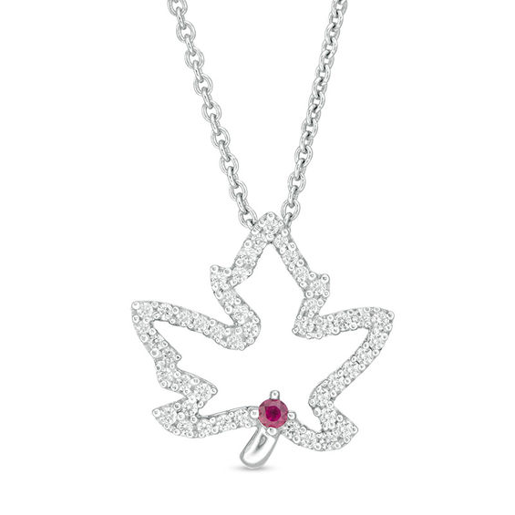 Peoples 100-Year Anniversary Ruby and 0.18 CT. T.W. Diamond Maple Leaf Pendant in Sterling Silver