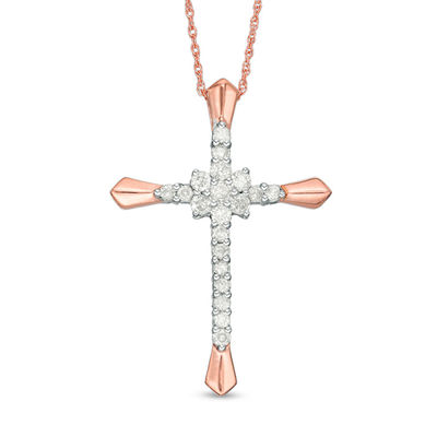 0.37 CT. T.W. Diamond Flower Cluster Cross Pendant in 10K Rose Gold