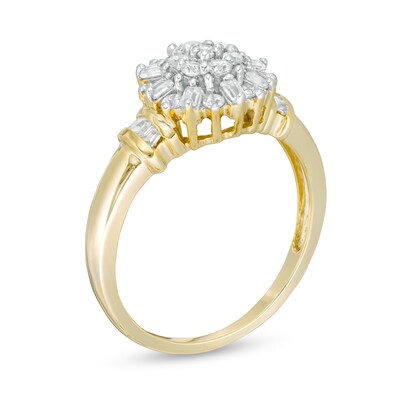 0.29 CT. T.W. Baguette and Round Diamond Sunburst Collar Ring in 10K Gold