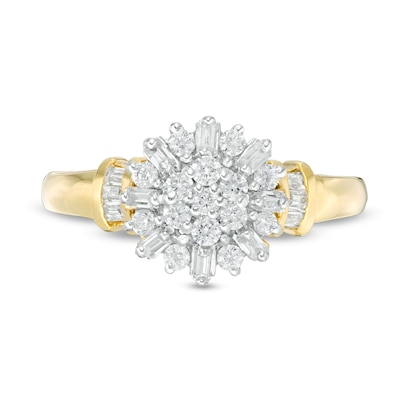 0.29 CT. T.W. Baguette and Round Diamond Sunburst Collar Ring in 10K Gold