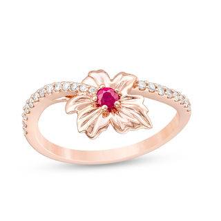 Peoples 100-Year Anniversary Ruby and 0.145 CT. T.W. Diamond Maple Leaf Ring in 14K Rose Gold