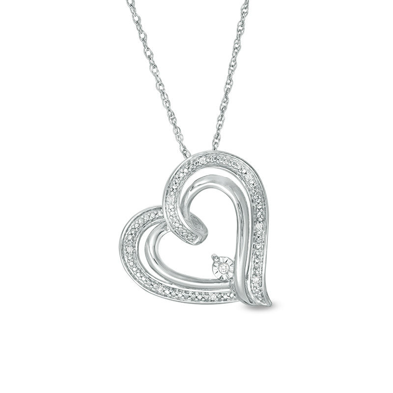 Diamond Accent Tilted Double Heart Outline Pendant in Sterling Silver|Peoples Jewellers