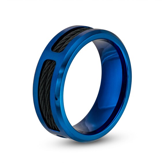 Men's 8.0mm Bevelled Edge Double Cable Wedding Band in Stainless Steel with Black and Blue Ion-Plate – Size 10