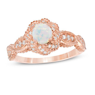 4.8mm Lab-Created Opal and 0.18 CT. T.W. Diamond Frame Ring in Sterling Silver with 14K Rose Gold Plate