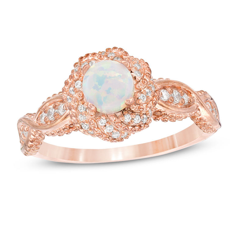 4.8mm Lab-Created Opal and 0.18 CT. T.W. Diamond Frame Ring in Sterling Silver with 14K Rose Gold Plate|Peoples Jewellers