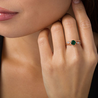 6.0mm Lab-Created Emerald and 0.04 CT. T.W. Diamond Vine Bypass Ring in 10K Rose Gold