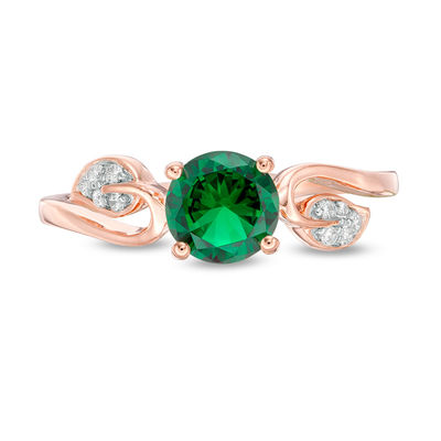 6.0mm Lab-Created Emerald and 0.04 CT. T.W. Diamond Vine Bypass Ring in 10K Rose Gold