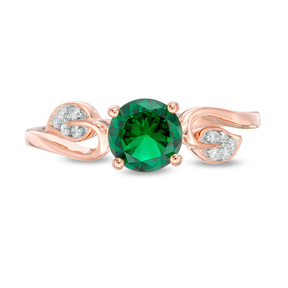 6.0mm Lab-Created Emerald and 0.04 CT. T.W. Diamond Vine Bypass Ring in 10K Rose Gold