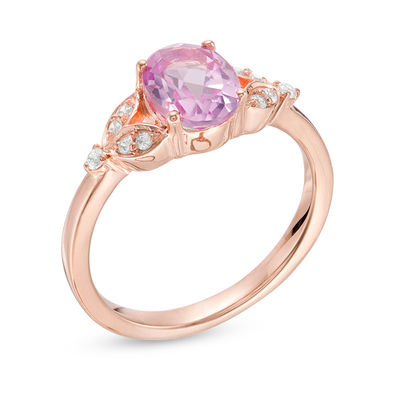 Oval Lab-Created Pink Sapphire and 0.086 CT. T.W. Diamond Leaf Sides Ring in 10K Rose Gold