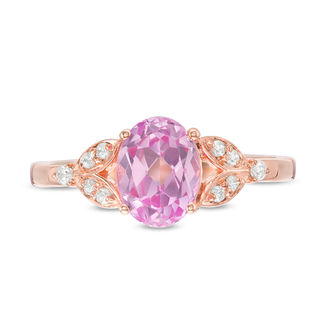 Oval Lab-Created Pink Sapphire and 0.086 CT. T.W. Diamond Leaf Sides Ring in 10K Rose Gold