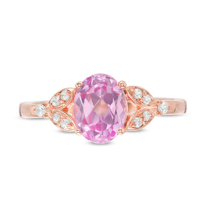 Oval Lab-Created Pink Sapphire and 0.086 CT. T.W. Diamond Leaf Sides Ring in 10K Rose Gold