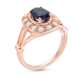 Oval Lab-Created Blue and White Sapphire Frame Ring in Sterling Silver with 14K Rose Gold Plate