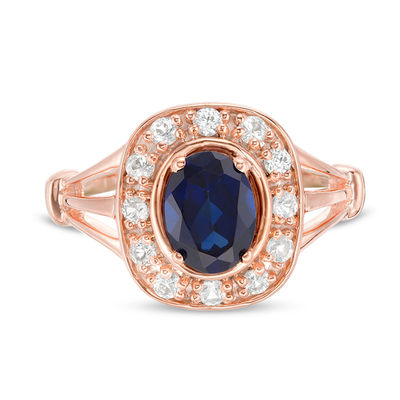 Oval Lab-Created Blue and White Sapphire Frame Ring in Sterling Silver with 14K Rose Gold Plate