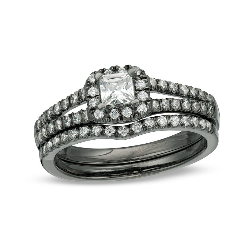 CT. T.W. Princess-Cut Diamond Frame Bridal Set in 10K White Gold with Black Rhodium|Peoples Jewellers