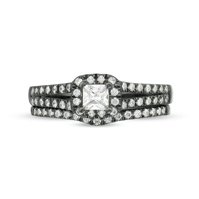 CT. T.W. Princess-Cut Diamond Frame Bridal Set in 10K White Gold with Black Rhodium