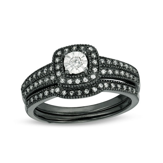 0.22 CT. T.W. Diamond Cushion Frame Vintage-Style Bridal Set in 10K White Gold with Black Rhodium