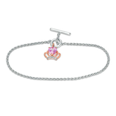 Heart-Shaped Lab-Created Pink and White Sapphire Crown Toggle Bracelet in Sterling Silver and 10K Rose Gold - 7.25"