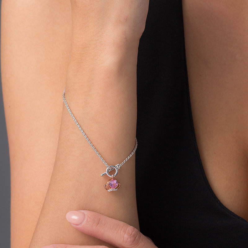 Heart-Shaped Lab-Created Pink and White Sapphire Crown Toggle Bracelet in Sterling Silver and 10K Rose Gold - 7.25"