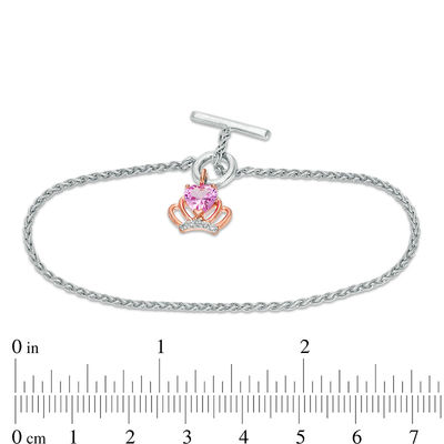 Heart-Shaped Lab-Created Pink and White Sapphire Crown Toggle Bracelet in Sterling Silver and 10K Rose Gold - 7.25"