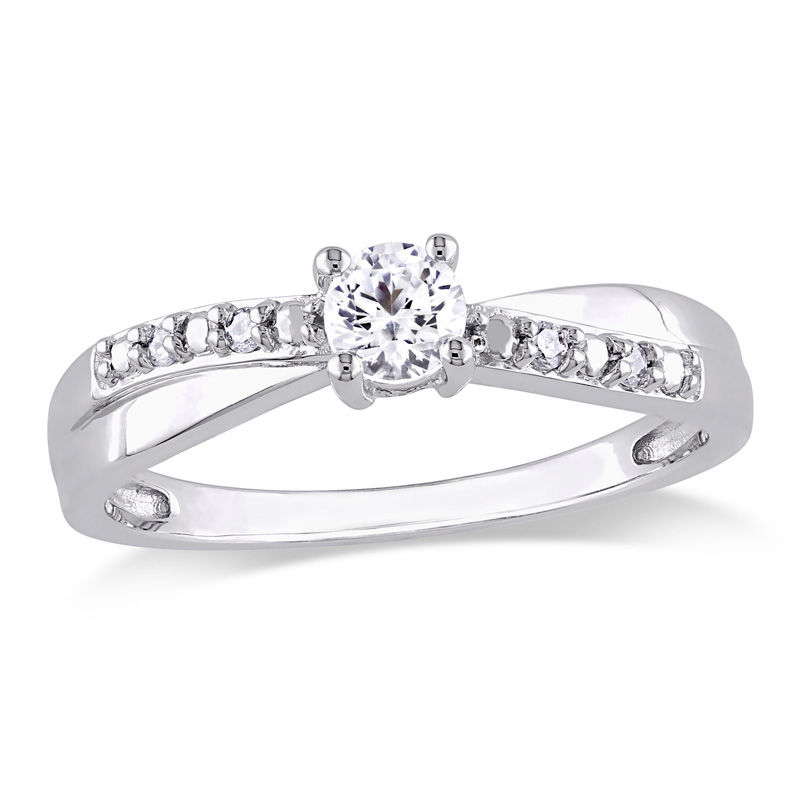 4.0mm Lab-Created White Sapphire and 0.04 CT. T.W. Diamond Crossover Promise Ring in Sterling Silver