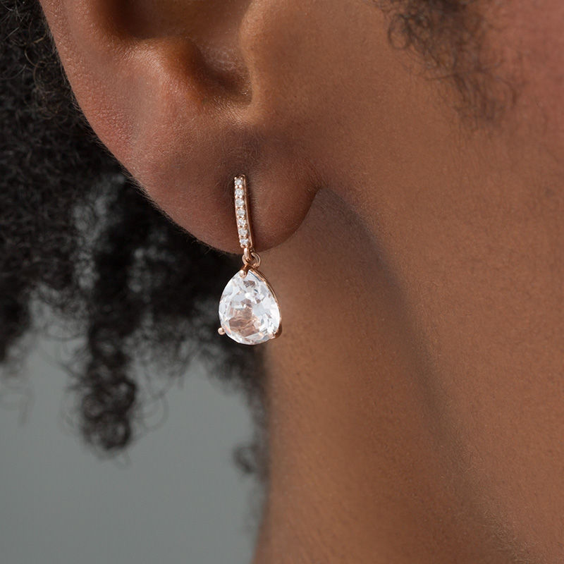 Pear-Shaped Lab-Created White Sapphire and 0.07 CT. T.W. Diamond Drop Earrings in 10K Rose Gold|Peoples Jewellers