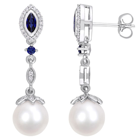 Freshwater Cultured Pearl, Lab-Created Blue Sapphire and 0.18 CT. T.W. Diamond Drop Earrings in 10K White Gold