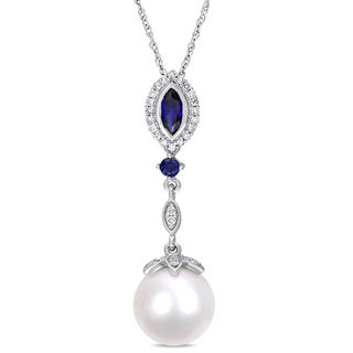 Freshwater Cultured Pearl, Lab-Created Blue Sapphire and 0.14 CT. T.W. Diamond Drop Pendant in 10K White Gold-17"