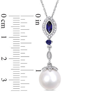 Freshwater Cultured Pearl, Lab-Created Blue Sapphire and 0.14 CT. T.W. Diamond Drop Pendant in 10K White Gold-17"