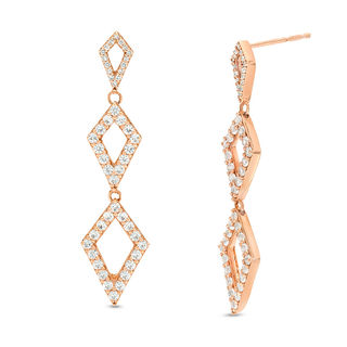 Lab-Created White Sapphire and 0.086 CT. T.W. Diamond Triple Kite-Shaped Drop Earrings in 10K Rose Gold