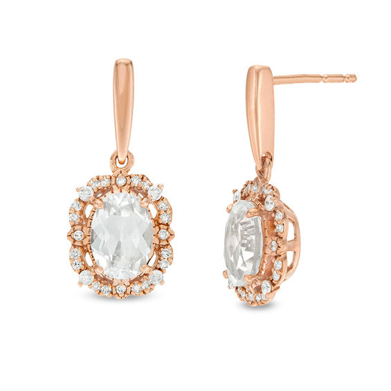 Oval Lab-Created White Sapphire and 0.18 CT. T.W. Diamond Frame Vintage-Style Drop Earrings in 10K Rose Gold