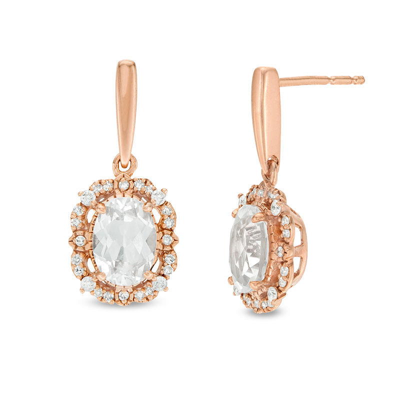 Oval Lab-Created White Sapphire and 0.18 CT. T.W. Diamond Frame Vintage-Style Drop Earrings in 10K Rose Gold|Peoples Jewellers