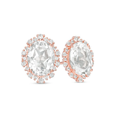 Oval Lab-Created White Sapphire Sunburst Frame Stud Earrings in Sterling Silver with 18K Rose Gold Plate