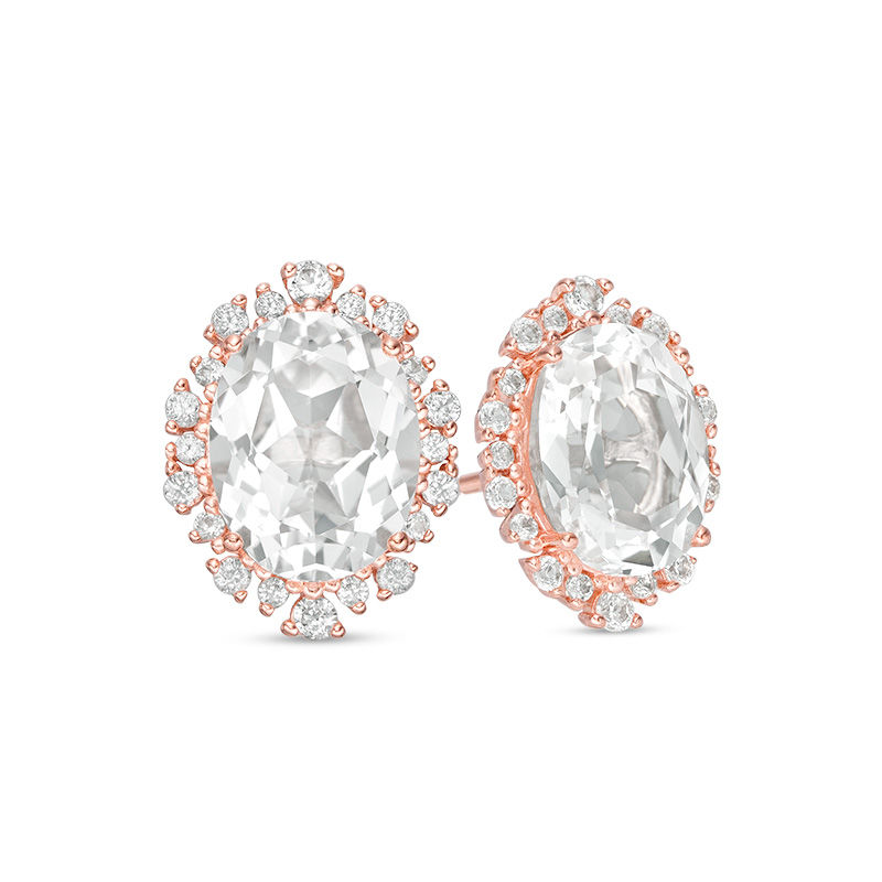 Oval Lab-Created White Sapphire Sunburst Frame Stud Earrings in Sterling Silver with 18K Rose Gold Plate|Peoples Jewellers
