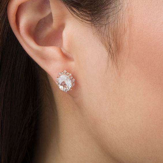 Oval Lab-Created White Sapphire Sunburst Frame Stud Earrings in Sterling Silver with 18K Rose Gold Plate