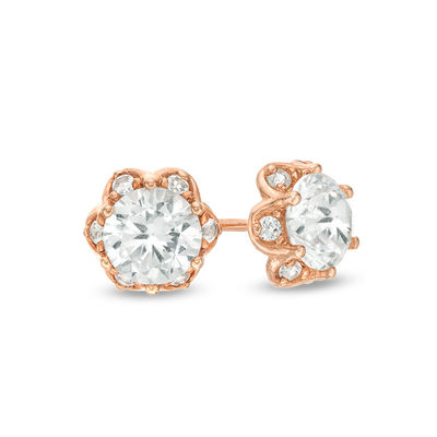 6.0mm Lab-Created White Sapphire Flower Frame Stud Earrings in Sterling Silver with 18K Rose Gold Plate